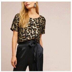 ANTHROPOLOGIE Hutch Leopard Print Blouse XS Black Gold Metallic Holiday‎ Party